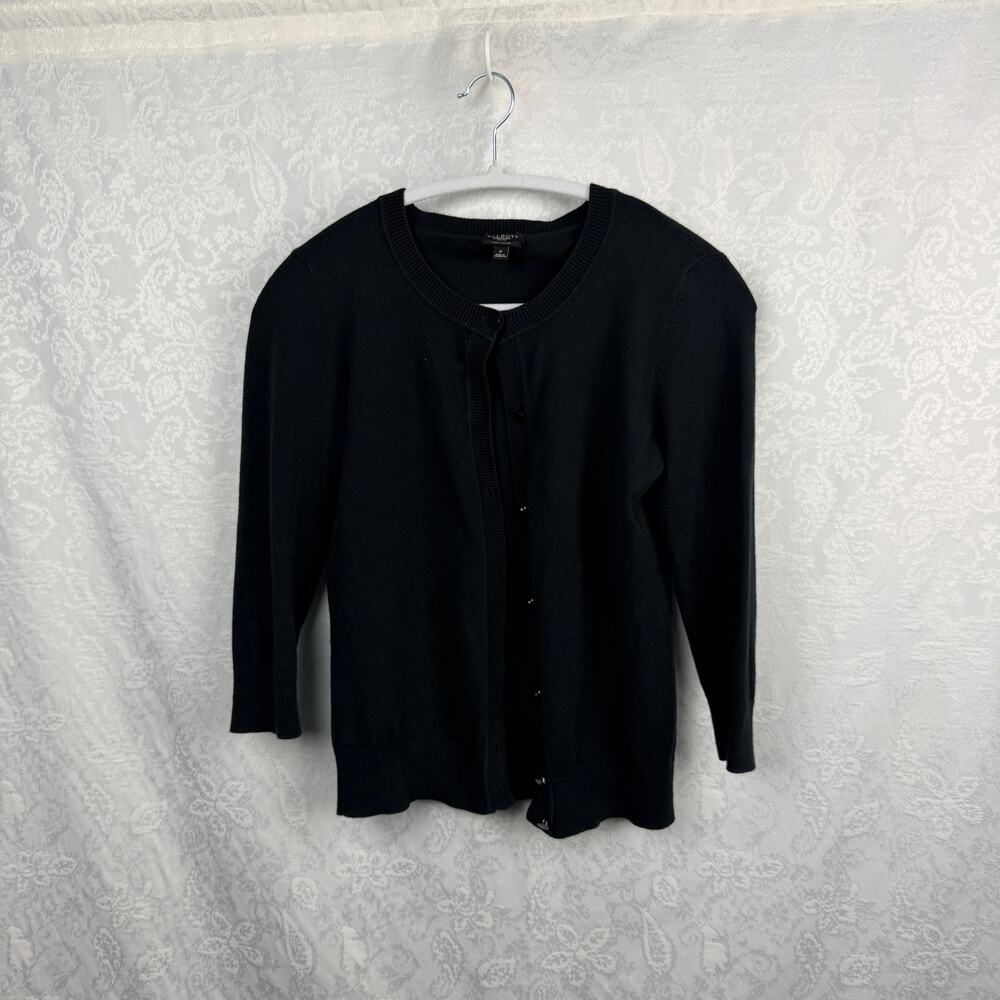 Talbots Womens Petite Pima Cotton Black Cardigan Sweater Button Front Knit